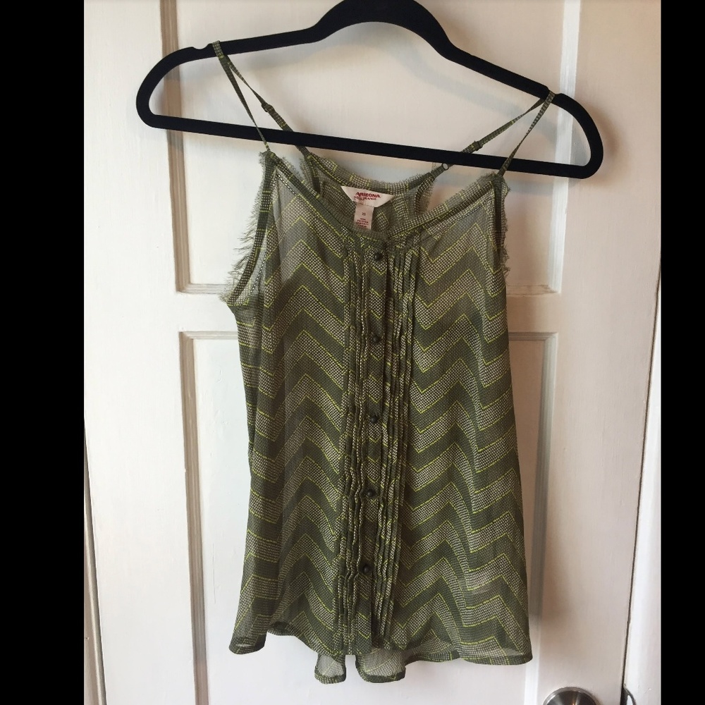 Arizona Jeans Sheer Blouse Top Chevron Olive Green